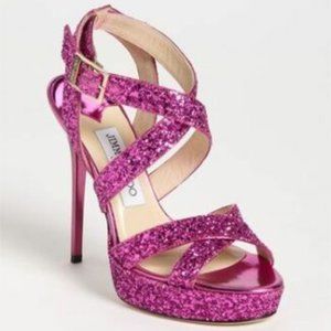 New Jimmy Choo Vamp Platform Pink Glitter Sandals, 35